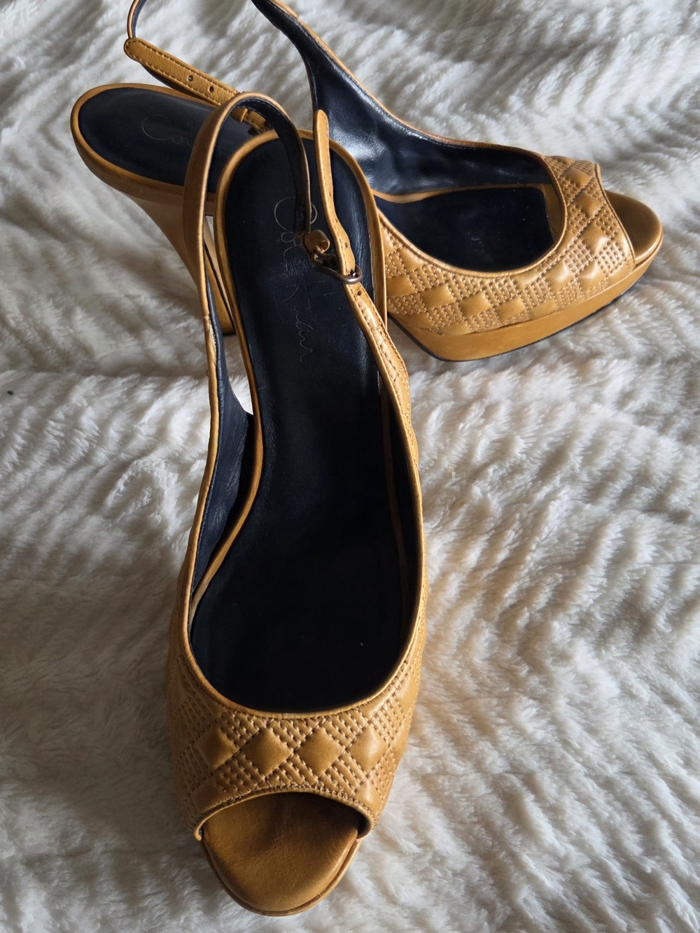 Cole Haan Mustard Yellow Quilted Peep-Toe Slingback Heels